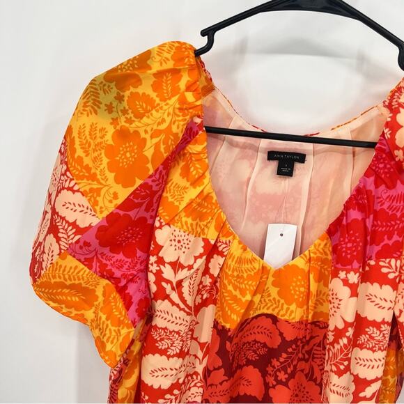 Ann Taylor Women’s Tropical Orange Red Short Sleeve Colorful Blouse Small New - Picture 3 of 8